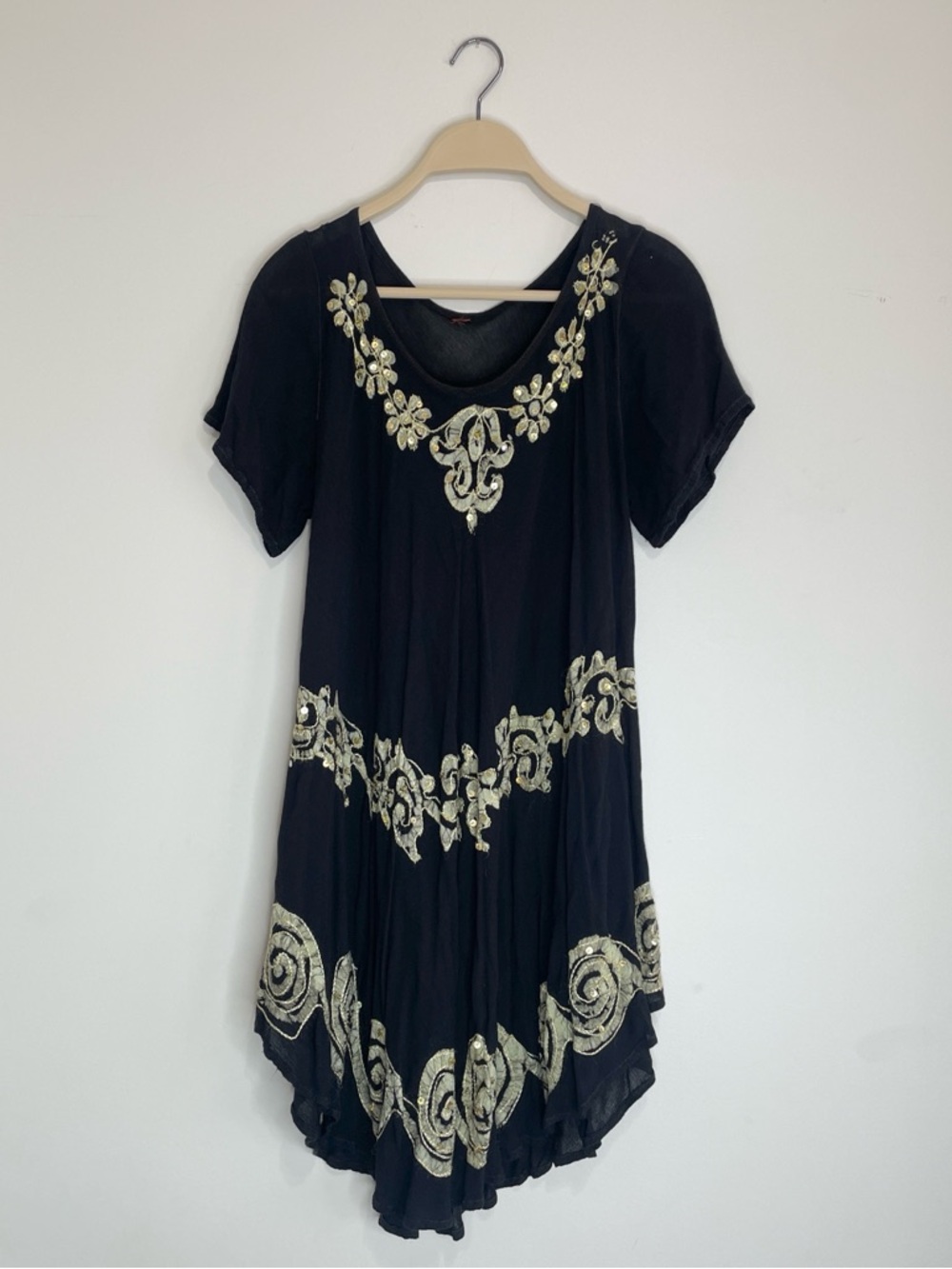 Whimsigoth festival Embroidered Mini Dress Boho Witchcore Flowy Black & Gold M